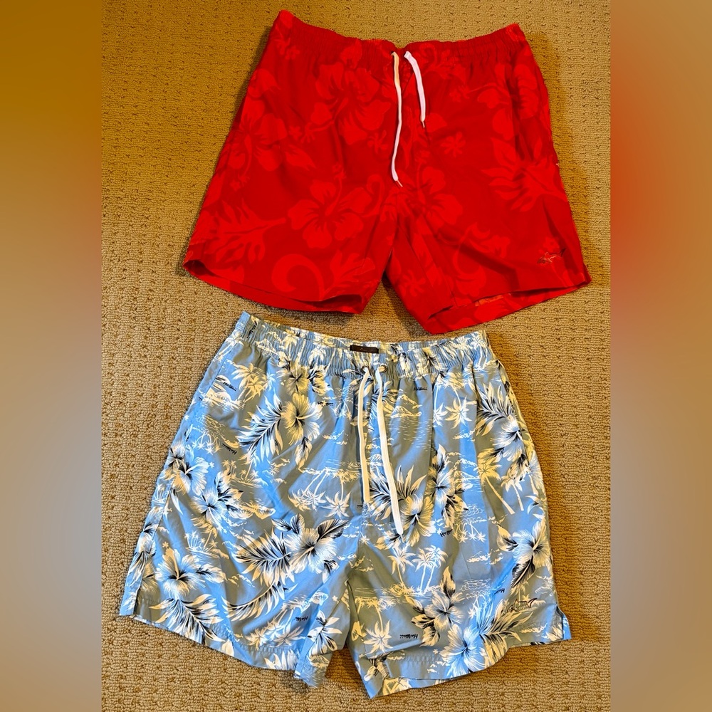 Greg Norman Collection Red & Light Blue Floral Swim Trunks, like new! Sz XL